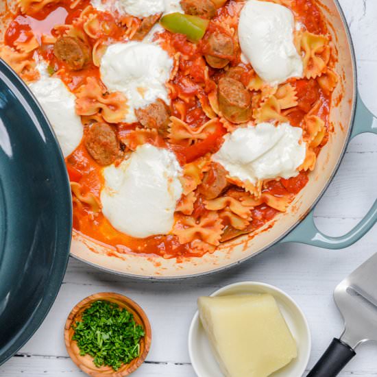 Sausage, Peppers, & Buratta Pasta - Recipe photo by cuisineandtravel