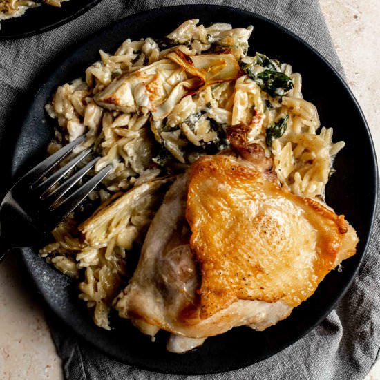 spinach artichoke chicken and orzo - Recipe photo by whisked away kitchen