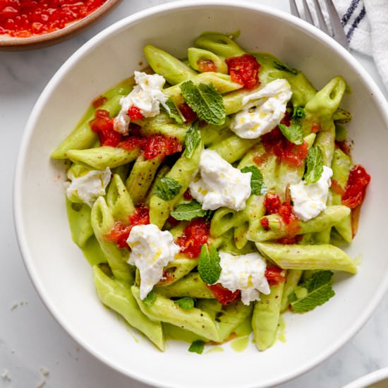 Pea Pesto Pasta with Burrata - Recipe photo by jernejkitchen