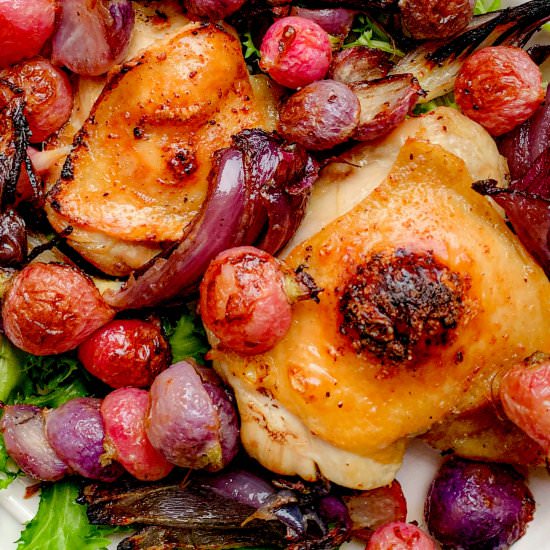 Chicken Thighs with Roasted Radish - Recipe photo by NotEntirelyAverage