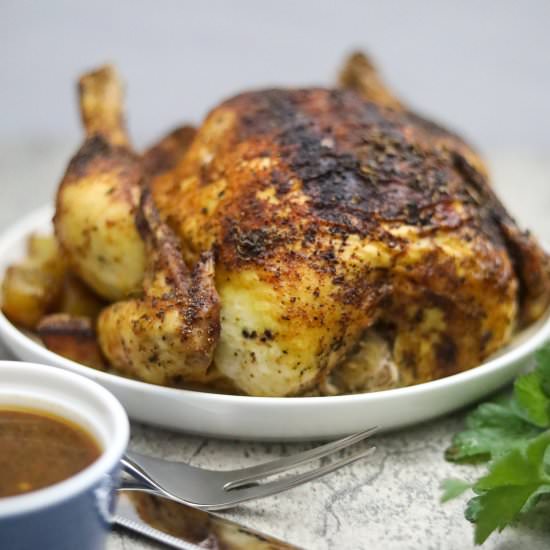 Whole Roasted Blackened Chicken - Recipe photo by Man Meets Oven