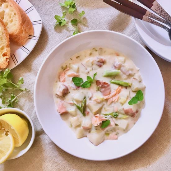 Smoked Salmon Asparagus Chowder - Recipe photo by the good eats co