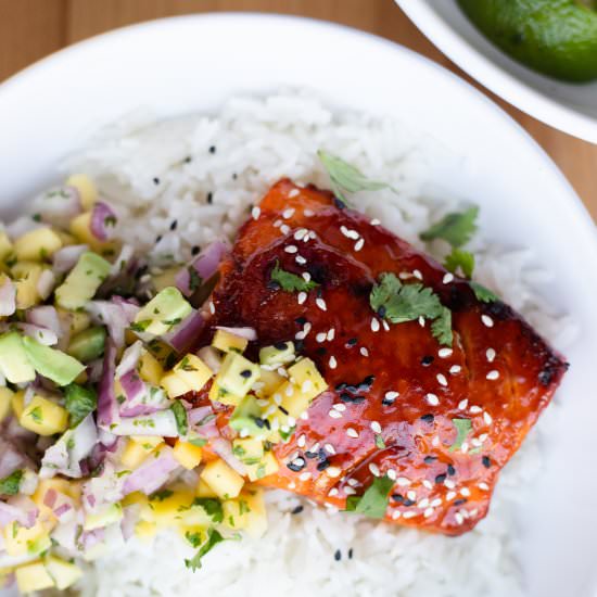 BBQ Salmon Bowls with Mango Salsa - Recipe photo by hangryeconomist