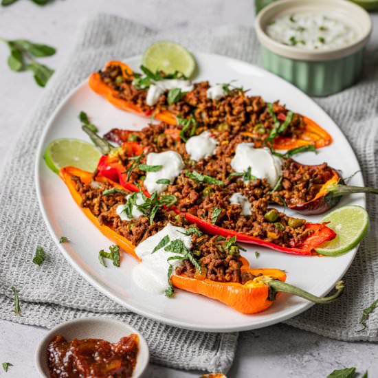 Keema Stuffed Romano Peppers - Recipe photo by Searchingforspice