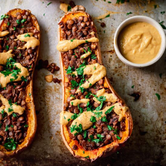 Lentil Stuffed Butternut Squash - Recipe photo by rainbowplantlife