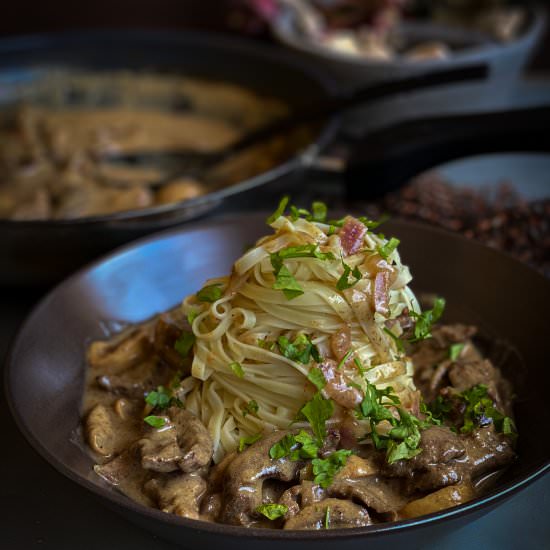 Healthier Creamy Beef Stroganoff - Recipe photo by thehealthyrecipeslab