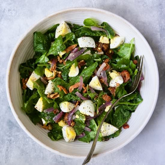 Radish Greens w/ Hot Bacon Dressing - Recipe photo by fromachefskitchen