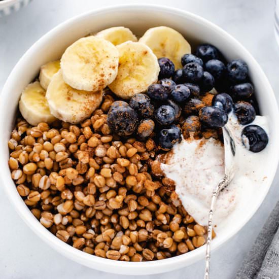 Wheat Berry Breakfast Bowl - Recipe photo by Three Little Chickpeas