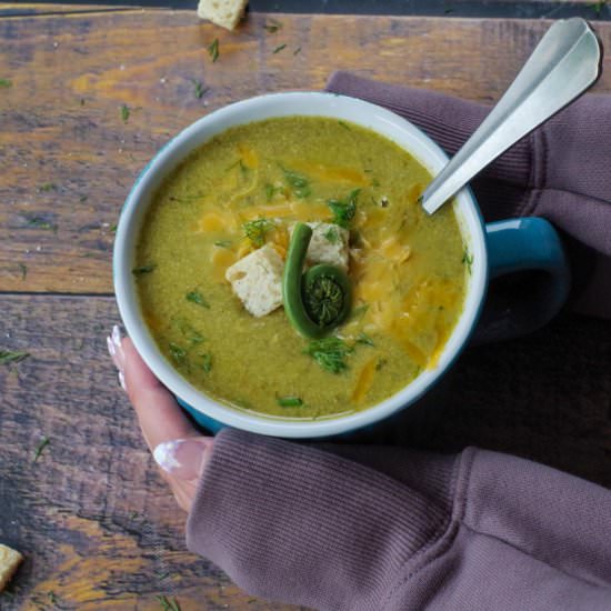 Cheesy Fiddlehead Soup - Recipe photo by Food Meanderings