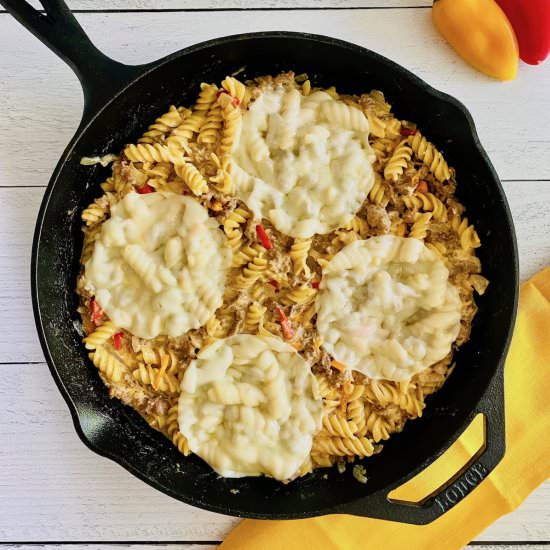 Philly Cheesesteak Pasta Skillet - Recipe photo by theshortordercook