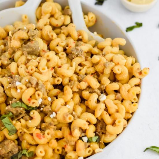 Spicy Sausage Hummus Pasta - Recipe photo by apaigeofpositivity
