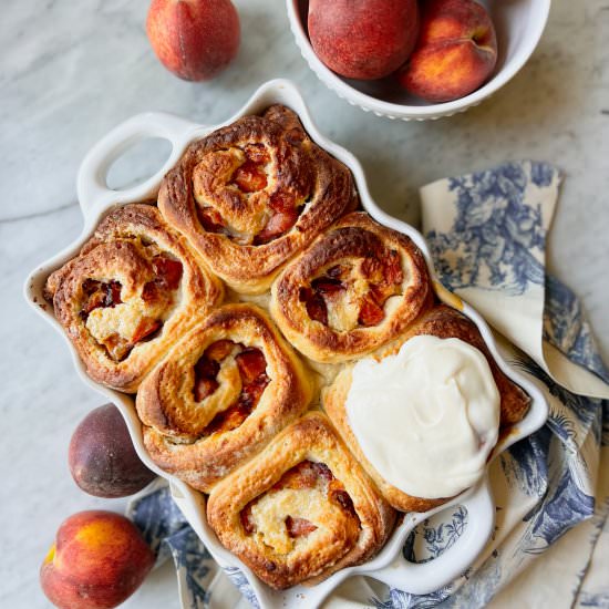 Frosted Peach Cobbler Rolls - Recipe photo by Theperksofbeingus
