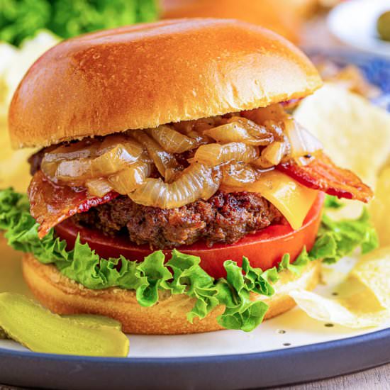 Grilled Onion Bacon Cheddar Burger - Recipe photo by Flavor Mosaic