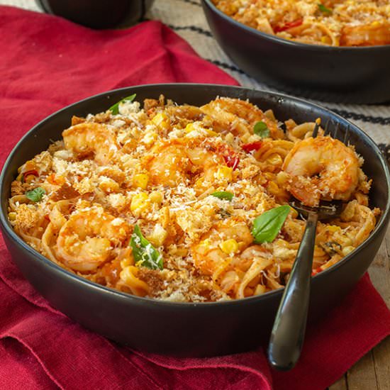 Shrimp, Corn, and Tomato Pasta - Recipe photo by tenpoundcakecompany