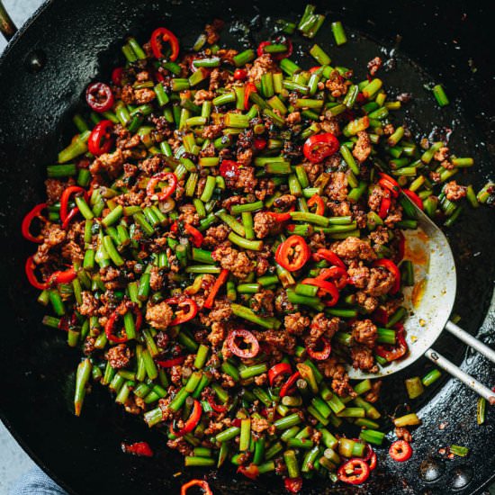 Garlic Scape Stir Fry with Pork - Recipe photo by omnivorescookbook