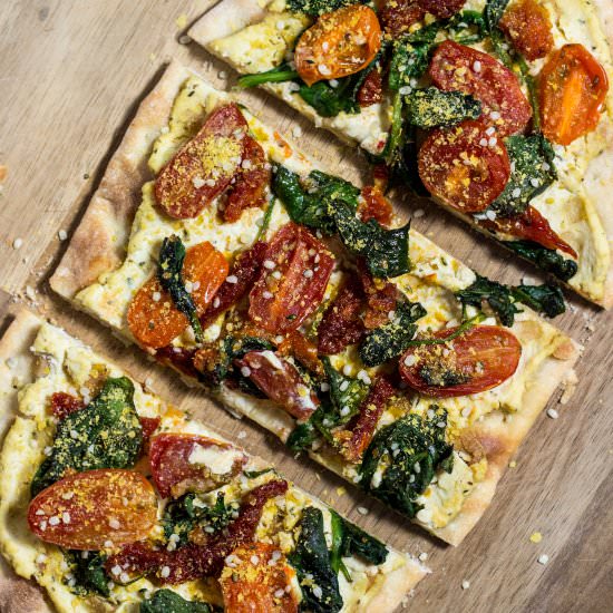 vegan tomato flatbread - Recipe photo by Wee Little Vegans