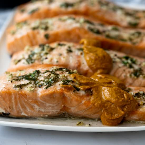 Baked Lemon Garlic Salmon Romesco - Recipe photo by eatfreshglow