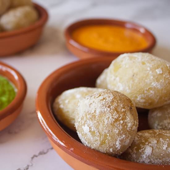 Papas Arrugadas with mojo sauces - Recipe photo by The Spanish Radish