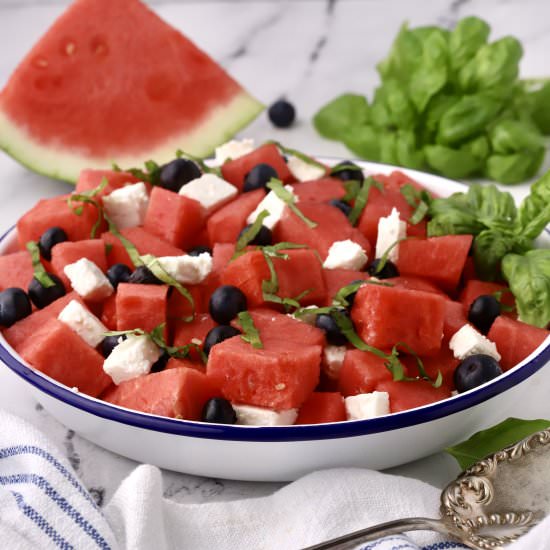 Watermelon Feta Salad with Basil - Recipe photo by Grits and Pinecones