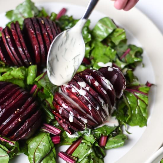 Roasted Beets and Dill Tahini Sauce - Recipe photo by kindrootsfood