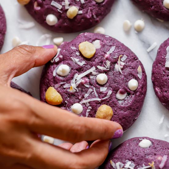 Ube White Chocolate Mac Nut Cookies - Recipe photo by Plant-Based Passport