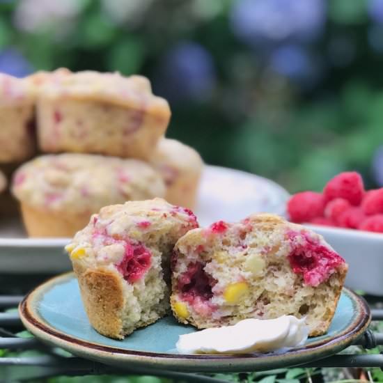 Raspberry Fresh Corn Muffins - Recipe photo by the good eats co