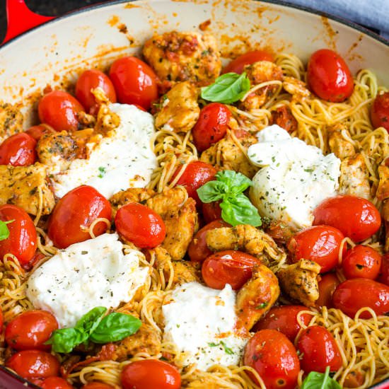 Grape Tomato Burrata Chicken Pasta - Recipe photo by CallMePMc