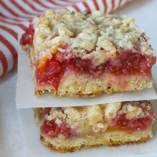 Peach Raspberry Crumble Bars - Recipe photo by One Hot Oven