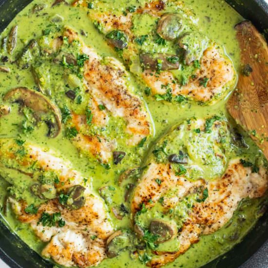 Creamy Pesto Chicken Scallopini - Recipe photo by sticksscratchkitchen
