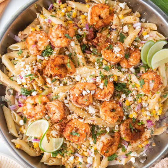 Street Corn Pasta Salad with Shrimp - Recipe photo by beyondthenoms