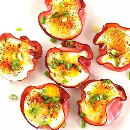 cheesy baked eggs in ham cups - Recipe photo by nowcookthis