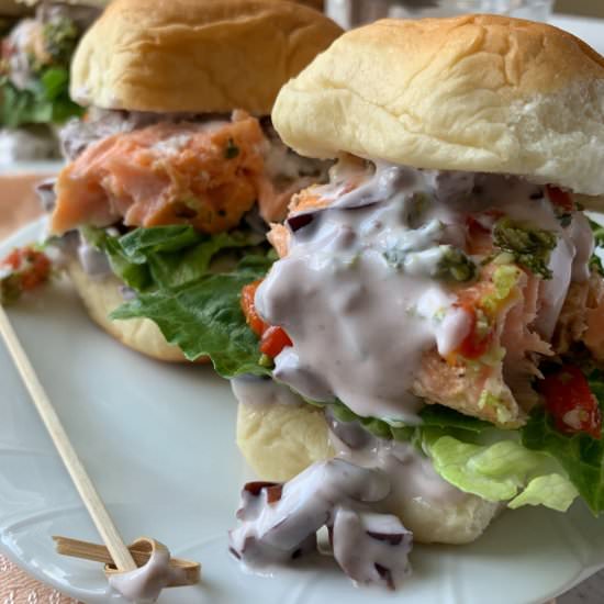 Salmon Sliders & Olive Yogurt Sauce - Recipe photo by NotEntirelyAverage