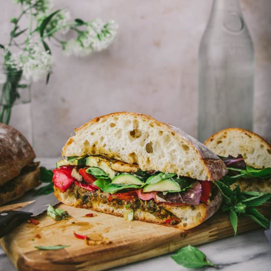 Pesto Grilled Veggie Party Sub - Recipe photo by emily_garlichead