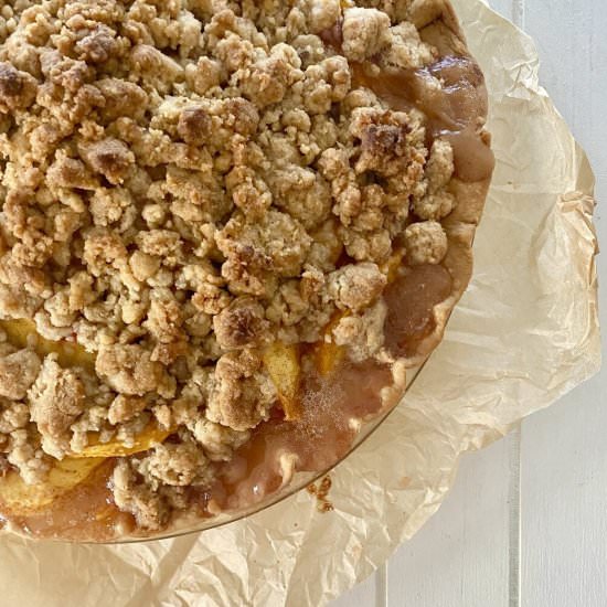 Peach Crumb Pie ~ No Soggy Crust - Recipe photo by amycaseycooks