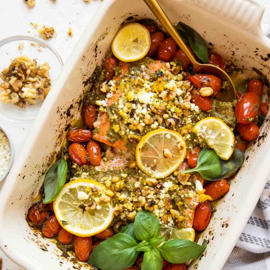 Lemon Basil Pesto Salmon - Recipe photo by Jar Of Lemons