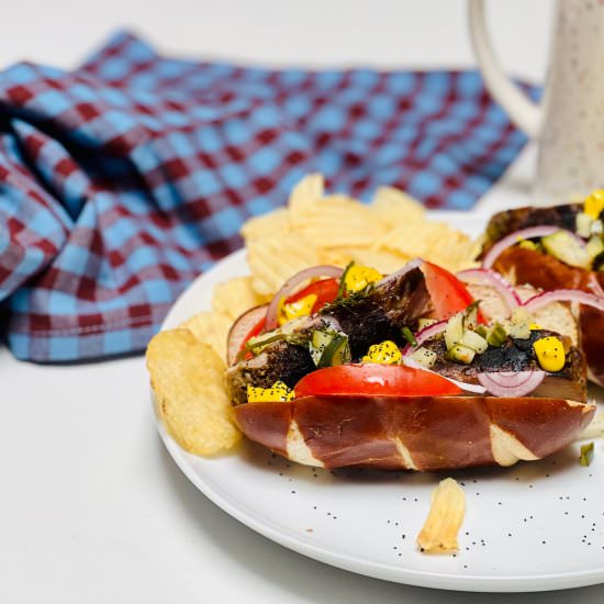 Pork Belly Pretzel Chicago Dogs - Recipe photo by Finchly