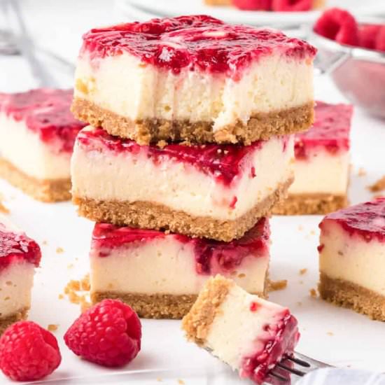 Raspberry Swirl Cheesecake Bars - Recipe photo by OnMyKidsPlate