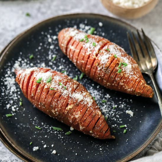 Hasselback Sweet Potatoes - Recipe photo by farmflavor