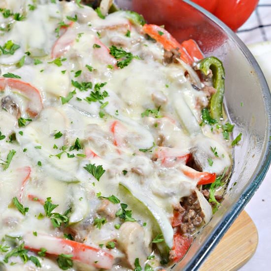 KETO PHILLY CHEESESTEAK CASSEROLE - Recipe photo by Stylish Cravings