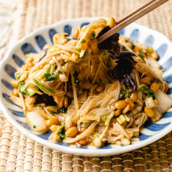 Natto with Kimchi & Enoki Mushrooms - Recipe photo by ellielikes.cooking