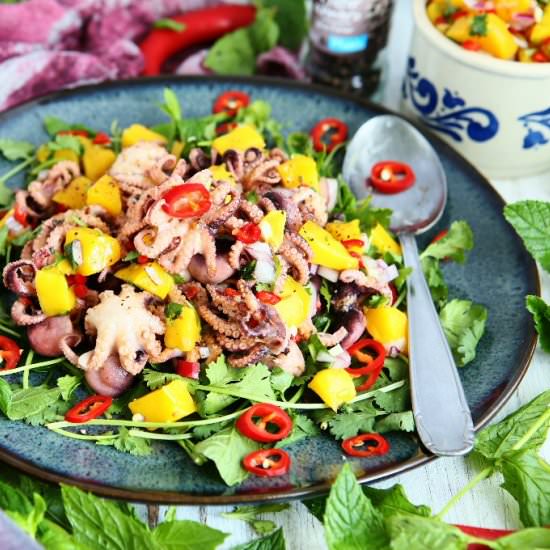 Baby Octopus Salad with Mango Salsa - Recipe photo by angiesrecipes