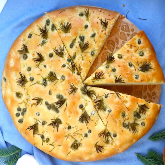 Spruce Tip Caper Focaccia - Recipe photo by veryveganval