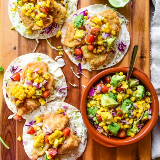 Crispy Fish Tacos with Grilled Corn - Recipe photo by dudethatcookz