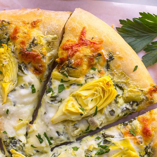 Spinach Artichoke Pizza - Recipe photo by Kathryns.kitchen.blog