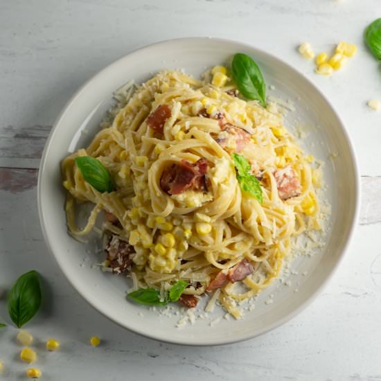 Corn Pasta Carbonara - Recipe photo by Framed Cooks