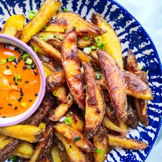 Homemade oven chips, spicy aioli - Recipe photo by DishedbyKate