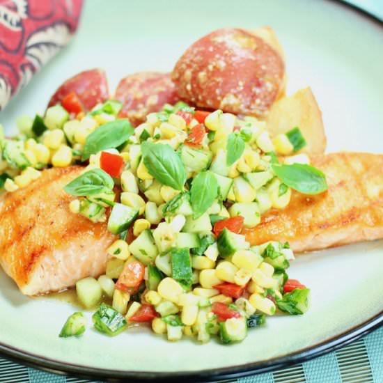 Salmon with Cucumber Corn Salsa - Recipe photo by the good eats co