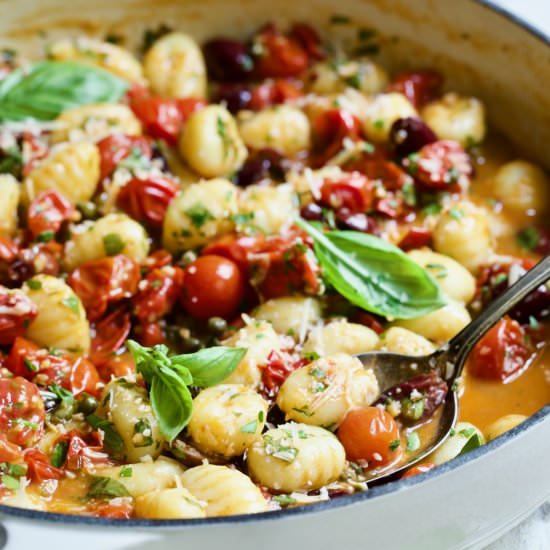 Gnocchi w/ Cherry Tomato Puttanesca - Recipe photo by fromachefskitchen