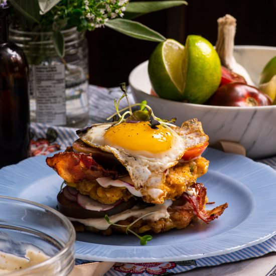 Corn Fritter Breakfast Stacks - Recipe photo by rhubarbandcod