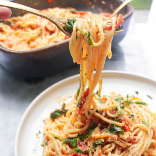 Baked burrata and tomato pasta - Recipe photo by DishedbyKate